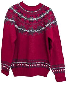 Allen Solly Classic Red Fair Isle Knit Sweater Women's L Wool Cozy Nordic Red